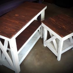 Farmhouse style distressed look hall table and an end table