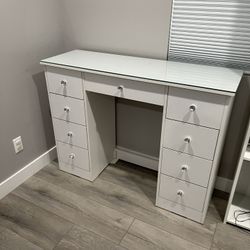 White Vanity Desk With Glass Top And Crystal Knobs 