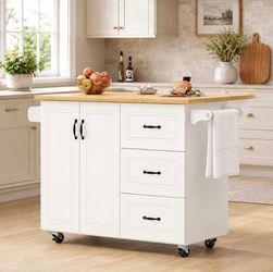 Kitchen Island with Drop Leaf, Rolling Kitchen Island
Modern Design, 4 Wheels, 3 Storage Drawers, Spice Rack & Towel Rack, for Kitchen Dining Room, Wh