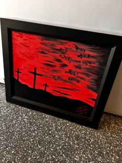 Original Framed Painting Three Crosses Red Sky