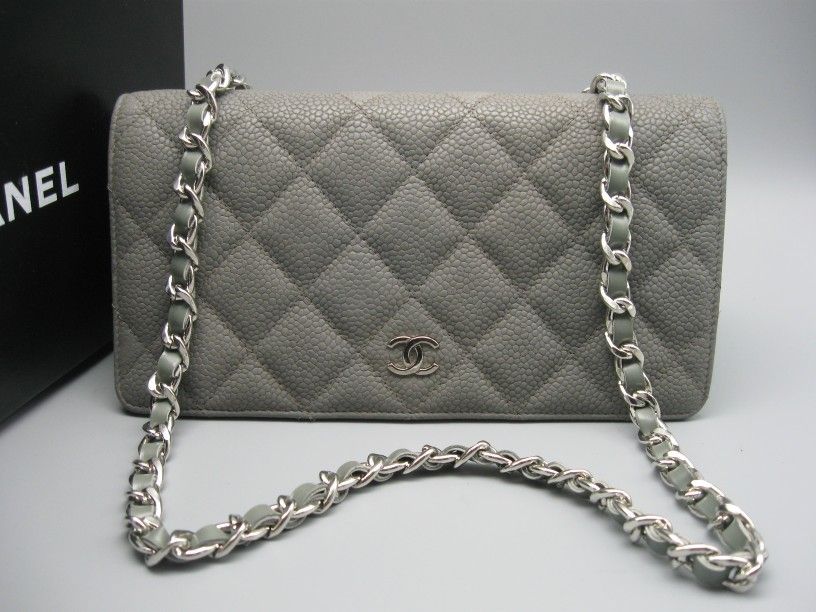 Authentic Chanel Grey Caviar Leather CC Long Full Bag Wallet