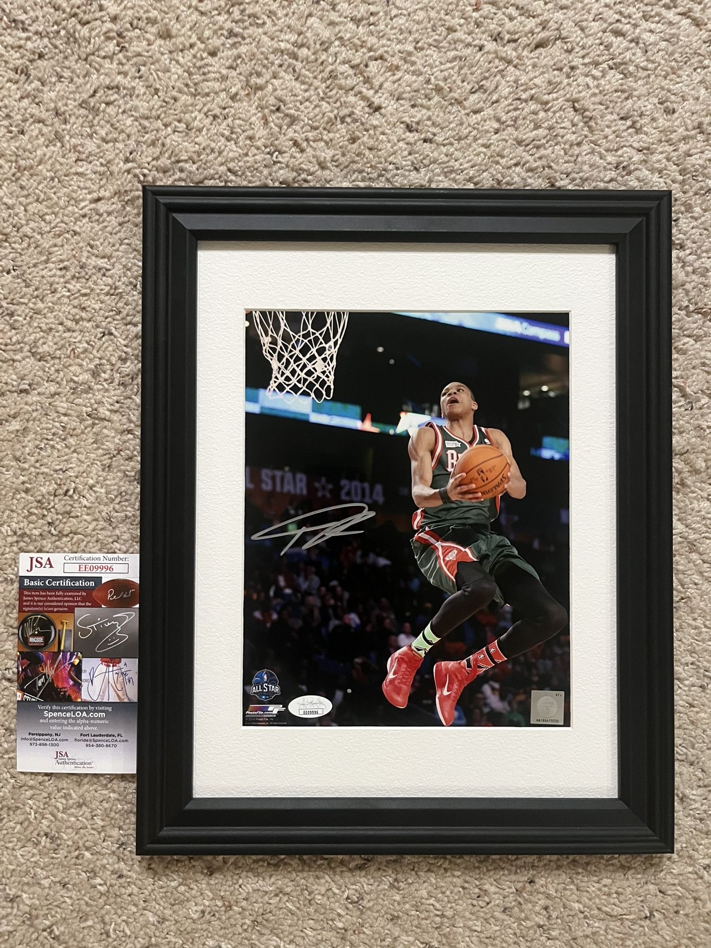 Giannis Antetokounmpo Signed 8x10 Photo 2014 Rookie All Star Game Dunk JSA Custom Framed with Museum Glass