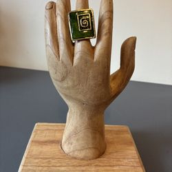 Vintage Gold Tone Green Enamel Spiral Square Statement Ring Adjustable Boho