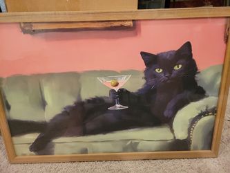 Framed Black Cat Martini Art Print