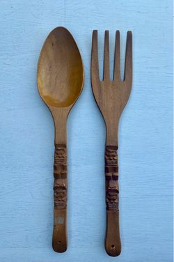 vintage, hand-carved wooden spoon and fork wall art