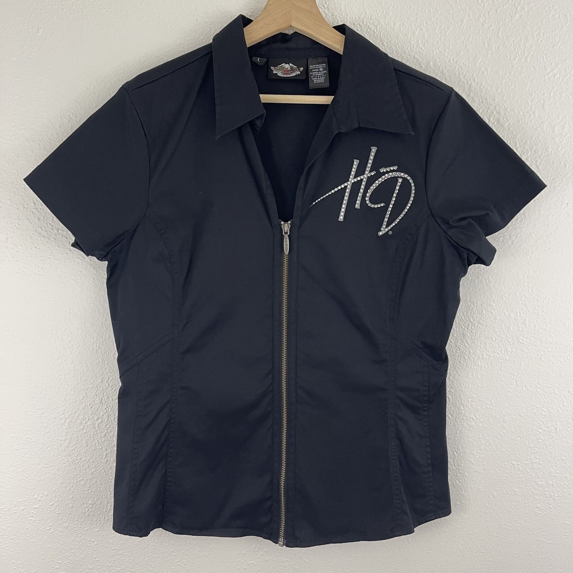 HARLEY DAVIDSON Y2K Womens Black Zip Up Rhinestone Biker Short Sleeve Blazer Top