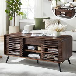 NEW48CFWLT-DWT $80  48" Lift Top Coffee Table with Slatted Sliding Door, Mid Century Modern Center Table with Hidden Storage Compartment,Lifting Table