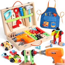 Kids Tool Set with Drill, Educational Montessori Toys for 3 Year Old Boys 44 Pcs STEM Kids Toys Wooden Toddler Tool Set with Apron & Box Birthday Gift
