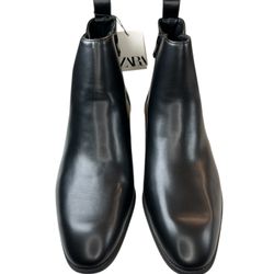 ZARA Men's Black Leather Chelsea Boots Ankle Pull On Round Toe