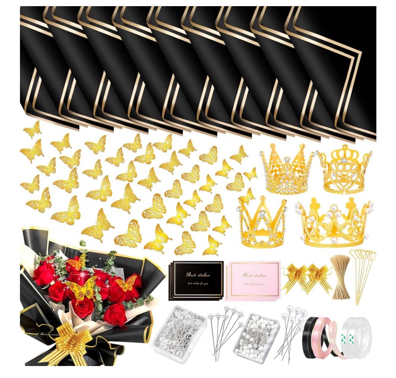 338Pcs Flower Bouquet Wrapping Paper Kit, Waterproof Floral Wrapping Paper Florist Bouquet Supplies with Crowns Butterfly Flower Pins Greeting Cards a