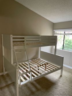 Twin/full bunk bed. Available in espresso & white. Assembly required. Assembly not included. Tax included. Free local delivery. $350 bunk bed only. $5
