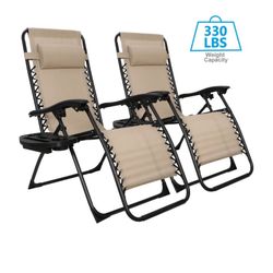2 Zero Gravity Reclining Chairs Folding Garden Lounge Beach Lawn with Trays