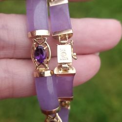 14k Gold Amethyst Lavender Jade Bracelet New!