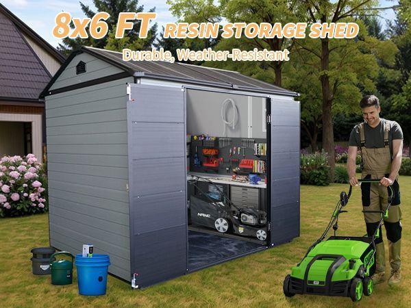 Upgraded 8x6ft Outdoor Resin Garden Shed with Floor and 2 Windows, Plastic Patio Outdoor Storage Shed with Lockable Door for Garden Tools, Bicycles, T