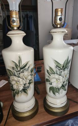 Pair of Ceramic Handpainted Table Lamps, Magnolia Motif