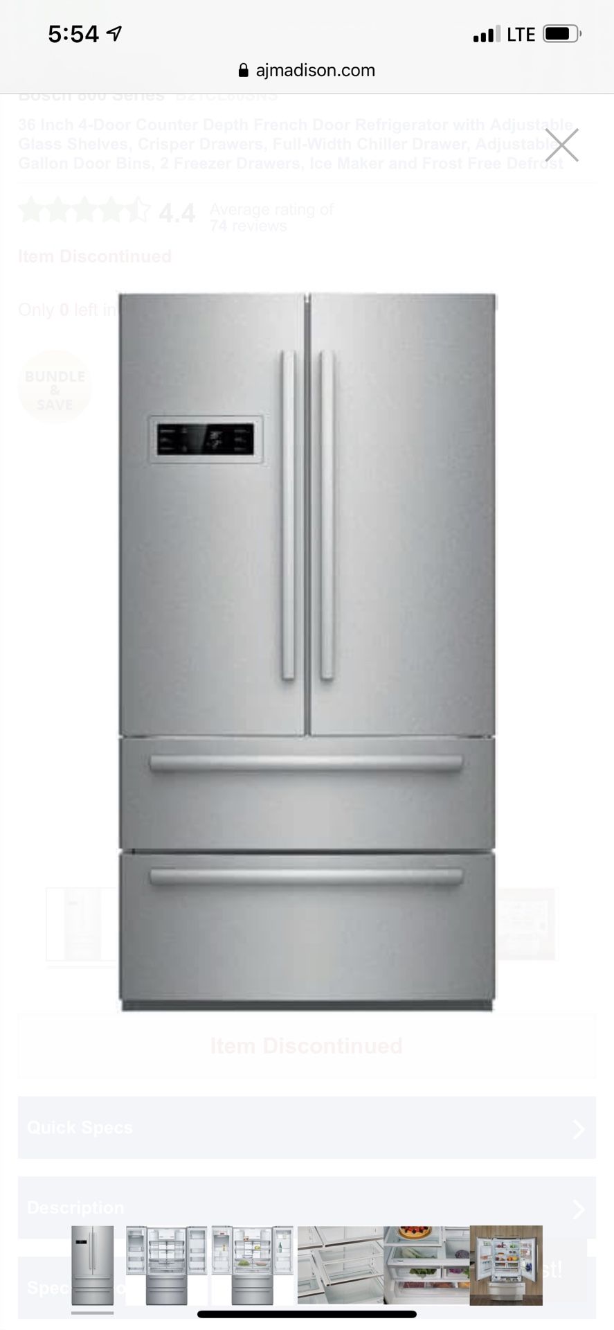 Bosch Stainless Steel Counter depth 36" 20.7 French Door Refrigerator B21CL80SNS