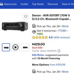 Denon AVR-S570BT 5.2-Channel AV Receiver | 8K HDMI | Bluetooth | NEW