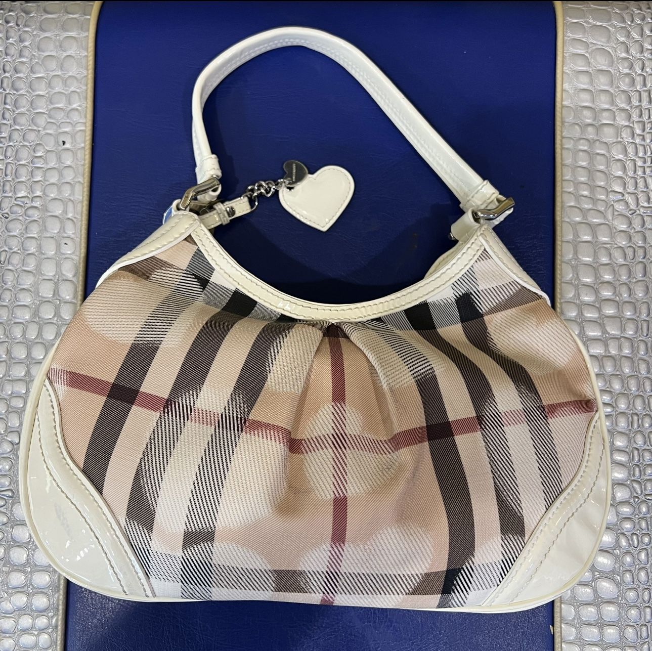 BURBERRY Patent Supernova Check Hearts Hobo White