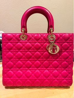 Christian Dior Lady Dior Large bag in bright pink/fuchsia lambskin with silver-tone hardware