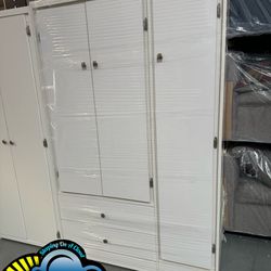 New White Jumbo Closet Wardrobe With 2 Drawers & Shelves On The Side 