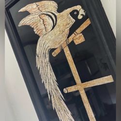 True ART DECO Mix Medium Foil Collage Original Fine Art Parrot Bird Wood Framed