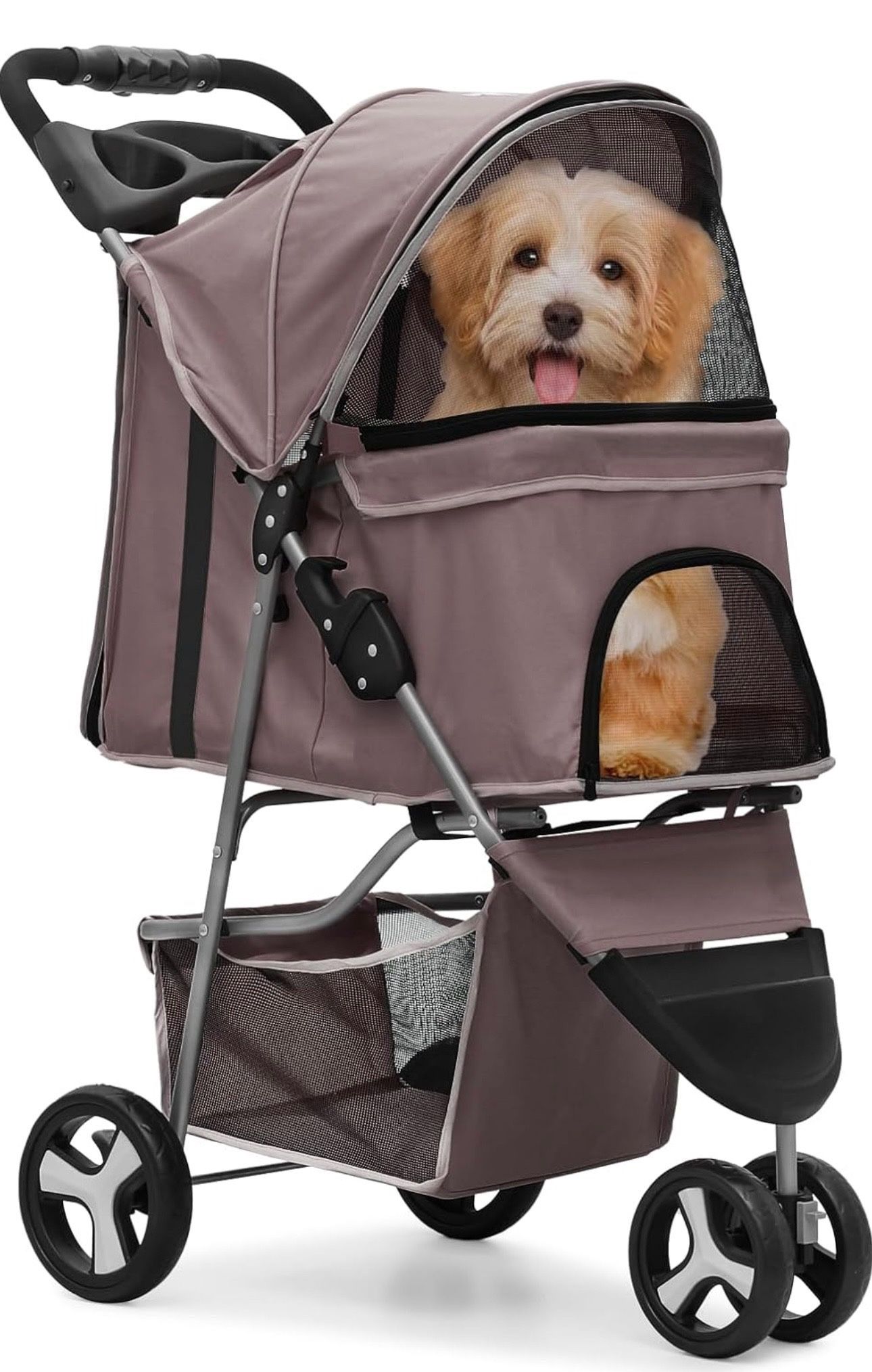 Foldable Dog Strollers for Small Dogs with Weather Cover, 3 Wheels Pet Strolling Cart for Dogs and Cats with Storage Basket and Cup Holder, Breathable