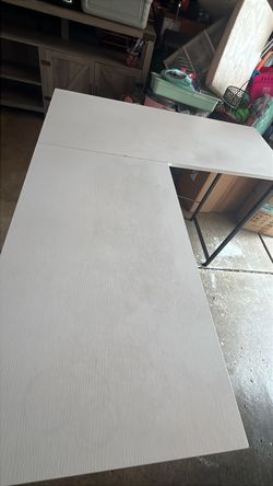 L-Shaped Desk White Wood Top Black Metal Frame