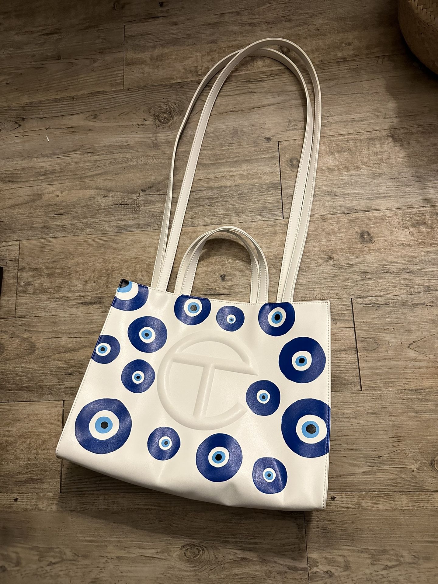 Telfar White Custom Painted Evil Eye Medium Shopping Bag Purse