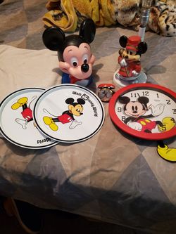 Mickey mouse bank and lamp and clock n plate