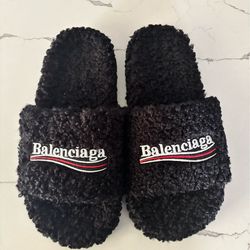 Balenciaga Black Fuzzy Slippers Size 43 w Dust Bag