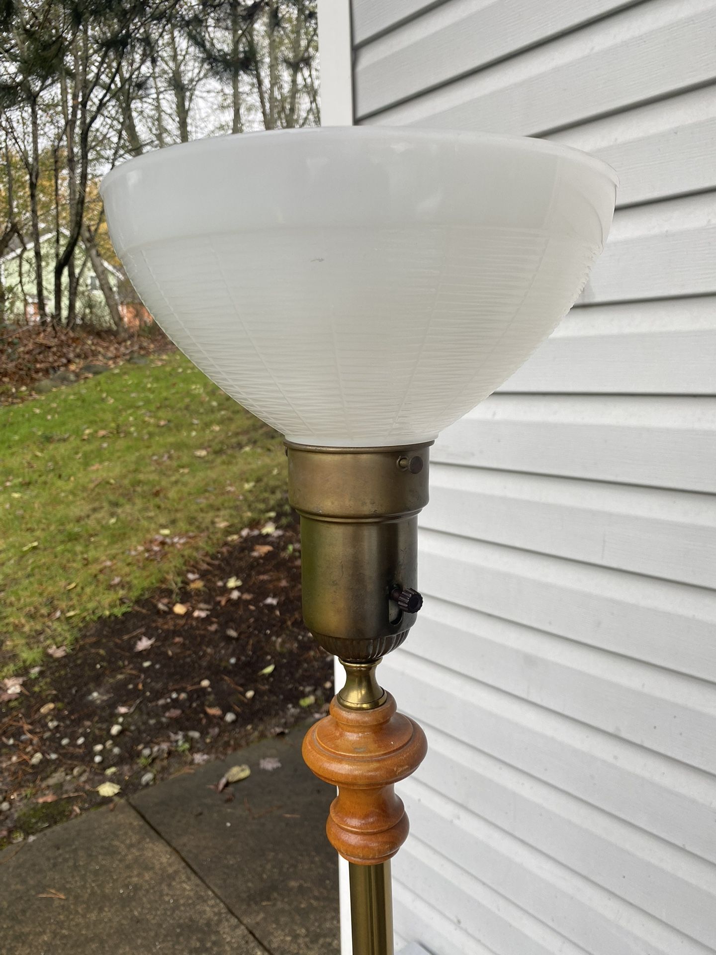 Vintage Milk Glass torchiere Brass floor lamp With Wood And Marble