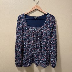 Women’s Large Lucky Brand Navy Blue Floral Square Neck Long Sleeve Blouse