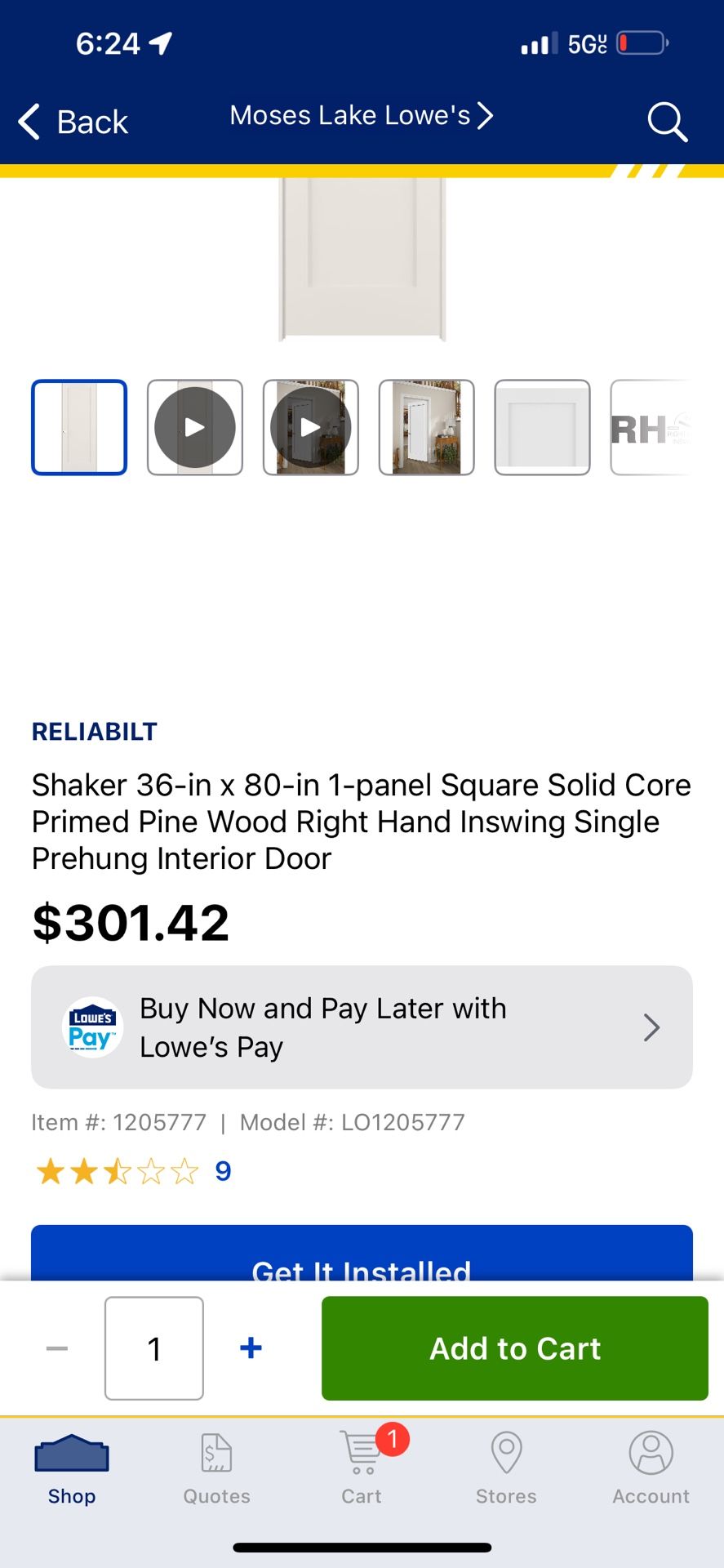Shaker 36-in x 80-in 1-panel Square Solid Core Primed Pine Wood Right Hand Inswing Single Prehung Interior Door