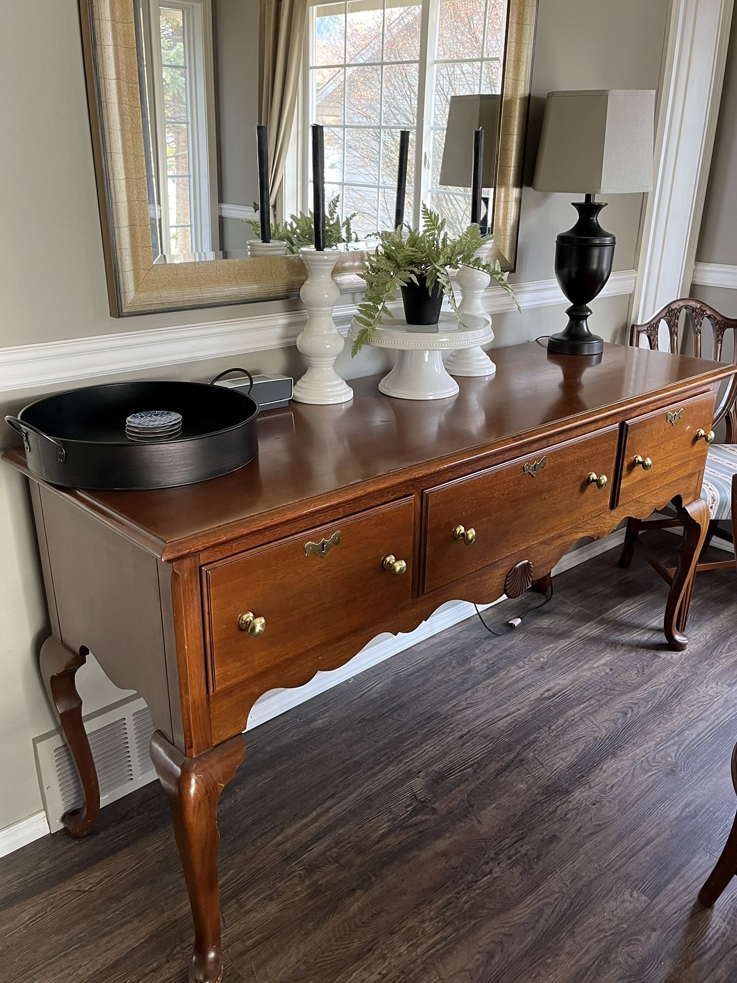 Mahogany Dining Table with Antique Chairs, China Hutch and Buffet