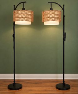 Arc Floor Lamps with Rattan Shades – Set of 2