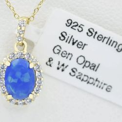 GENUINE 0.67 CTW BLUE OPAL & WHITE SAPPHIRE PENDANT NECKLACE 925 Silver  * NWT *