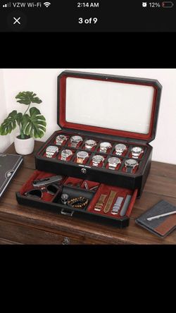 ROTHWELL 12 Slot Black Leather Watch Box with Valet Drawer, Fits 55mm Watches