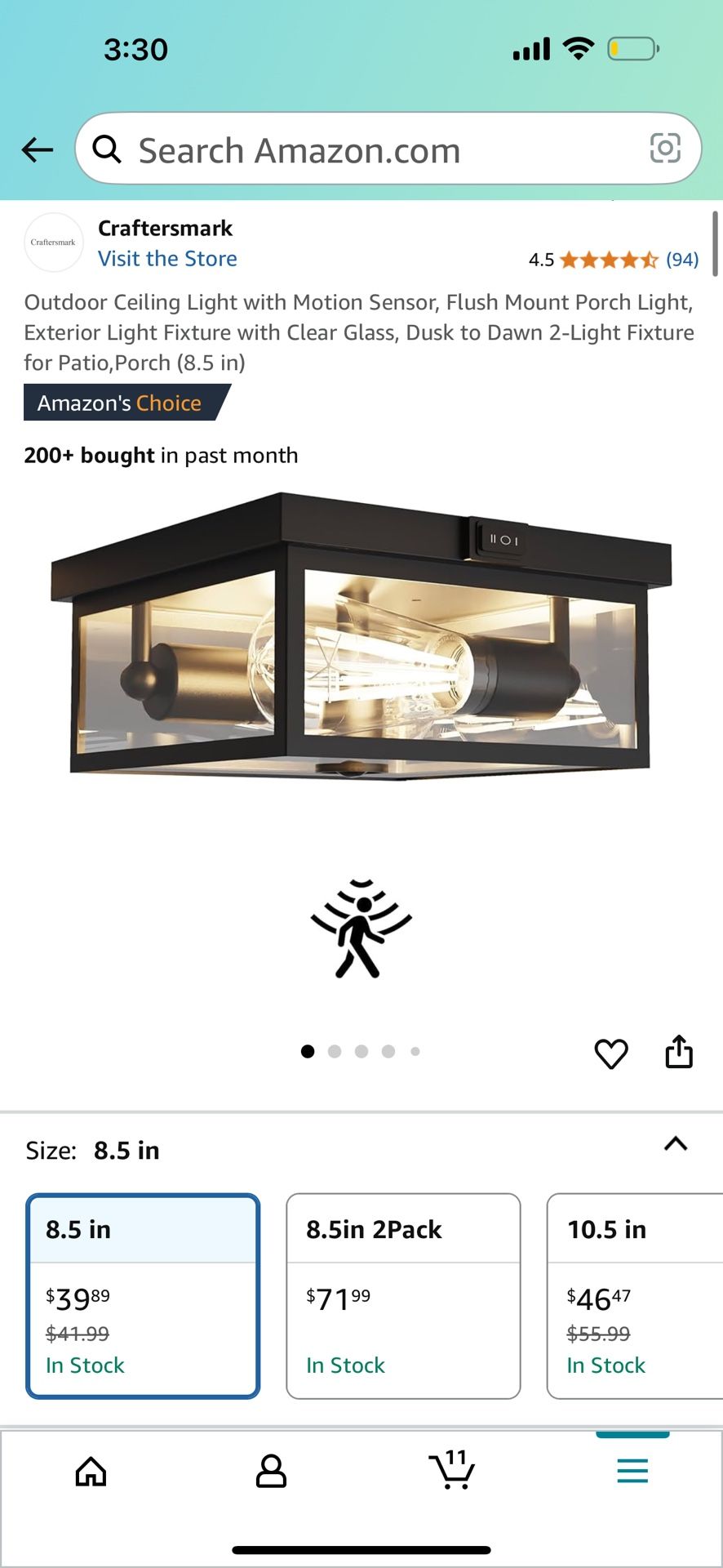 Outdoor Ceiling Light with Motion Sensor, Flush Mount Porch Light, Exterior Light Fixture with Clear Glass, Dusk to Dawn 2-Light Fixture for Patio, Po