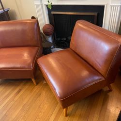 Pair of World Market Cognac Faux Leather Accent Chairs – Mid-Century Style