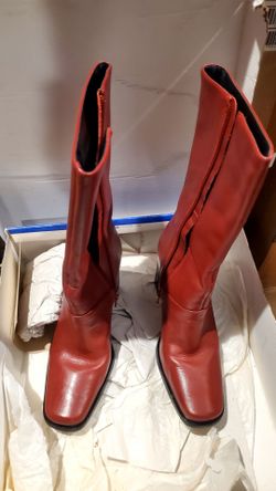 Red Leather Knee-High Boots with Side Zipper