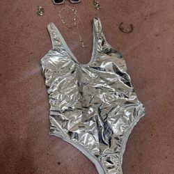 New large silver metallic disco festival rave outfit bodysuit costume 80s y2k