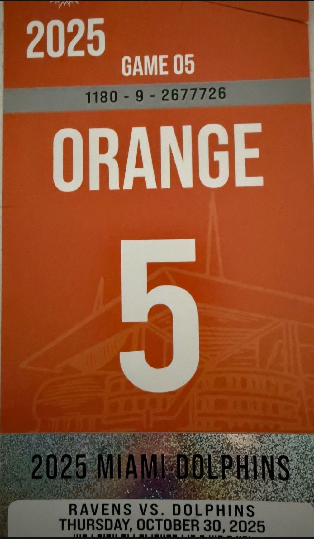 Baltimore Ravens Vs Miami Dolphins Parking Pass- Orange VIP In-Stadium Parking Pass