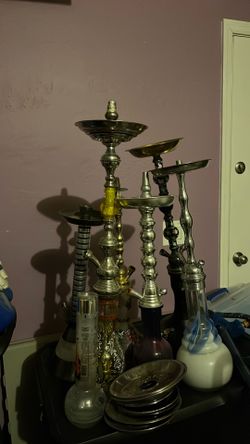 6 Vintage Egyptian Shisha Water Pieces with a bunch of plates and parts
