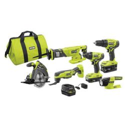 New 18V Ryobi 1/2" Drill/driver, Impact/driver, Circular Saw 5-1/2", Reciprocating Saw, Multi-tool, Light, Charger,1 Battery 4.0ah,1 Bat. 1.5 Ah & Bag