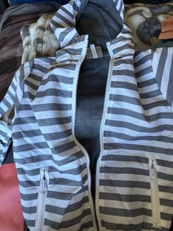 Gray and White Striped Zip-Up Windbreaker Jacket