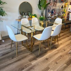 White Gold Velvet Glass Dining Set For 6