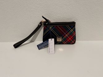 Dooney & Bourke Plaid Zip Wristlet Pouch Wrist Strap Lined Gold Hardware