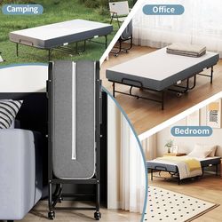 Folding Bed, 74.4"x38" Portable Beds for Adults, Heavy Duty Sturdy Metal Frame, Foldable Bed on Wheels for Twin Size, Space Saving Rollaway Bed for Gu