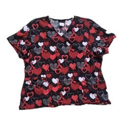 Cherokee Scrubs Top Womens 2XL Black Red Heart Print Wrap Front Short Sleeve