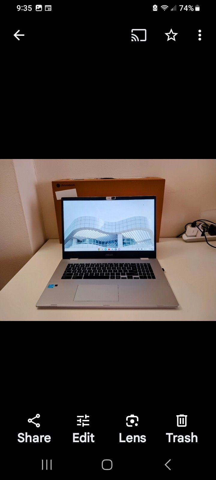 Asus Chromebook 17.3 inches like New.
Great big screen to watch movies and sport evens.
Battery lasts hours.
No more viruses and spyware. 
Turn on and